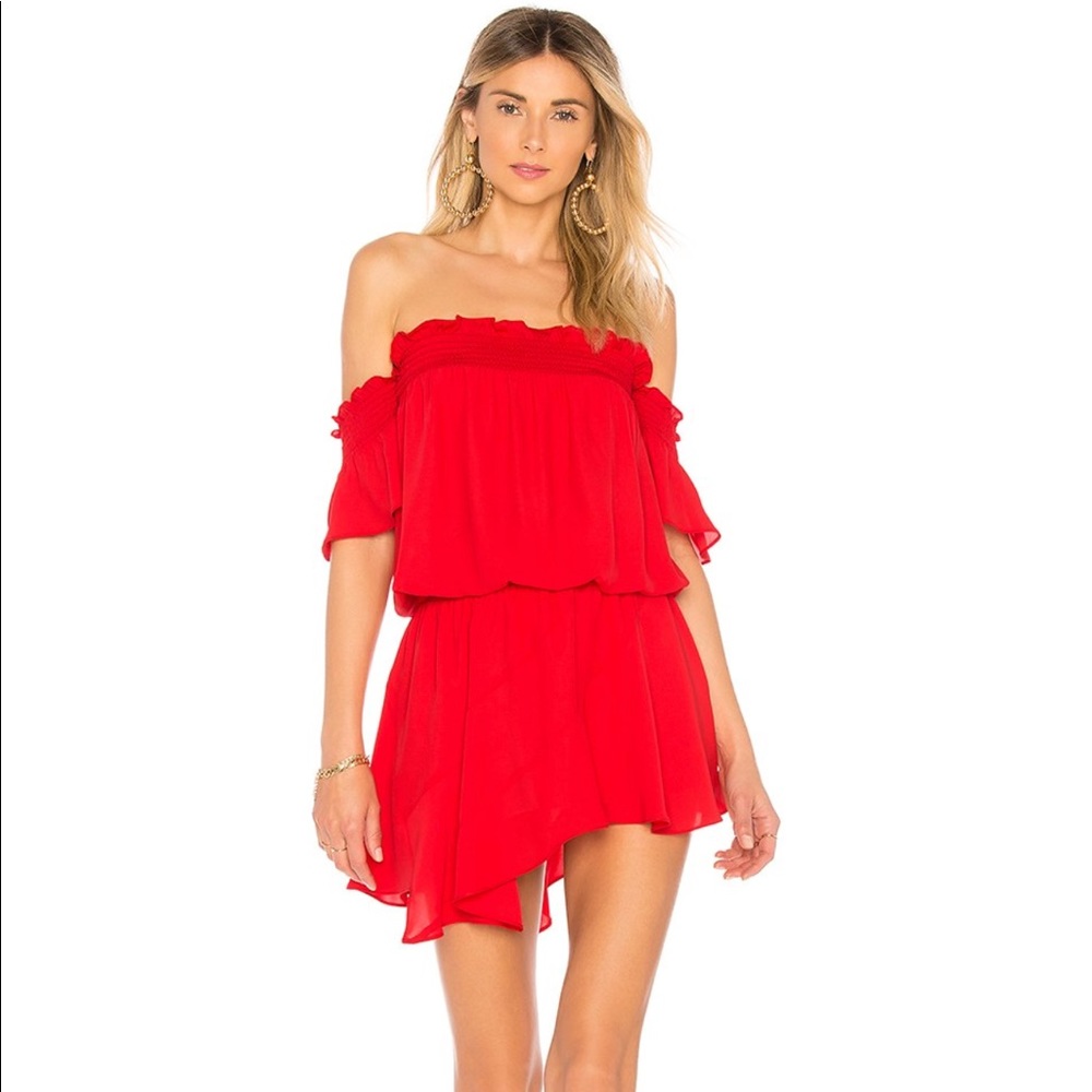 Off Shoulder Smocked Red Dress by Revolve